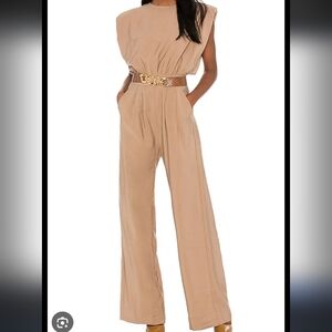 NONchalant Label Josie Jumpsuit M Sleeveless Padded Keyhole Pocket Pleated Camel